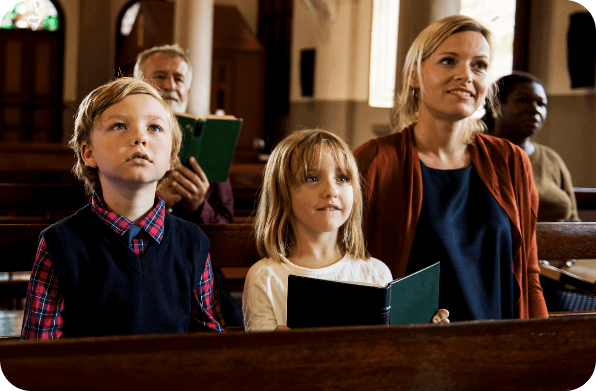 A group of people, including two children and two adults, stand in a church pew holding hymnals, each reflecting on their personal faith journeys.