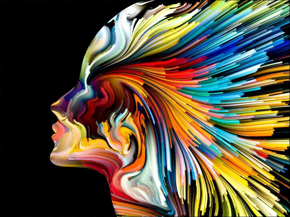 Colorful abstract profile of a human face with vibrant flowing lines.
