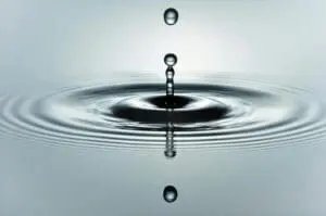 Droplets of water creating ripples on a calm surface.