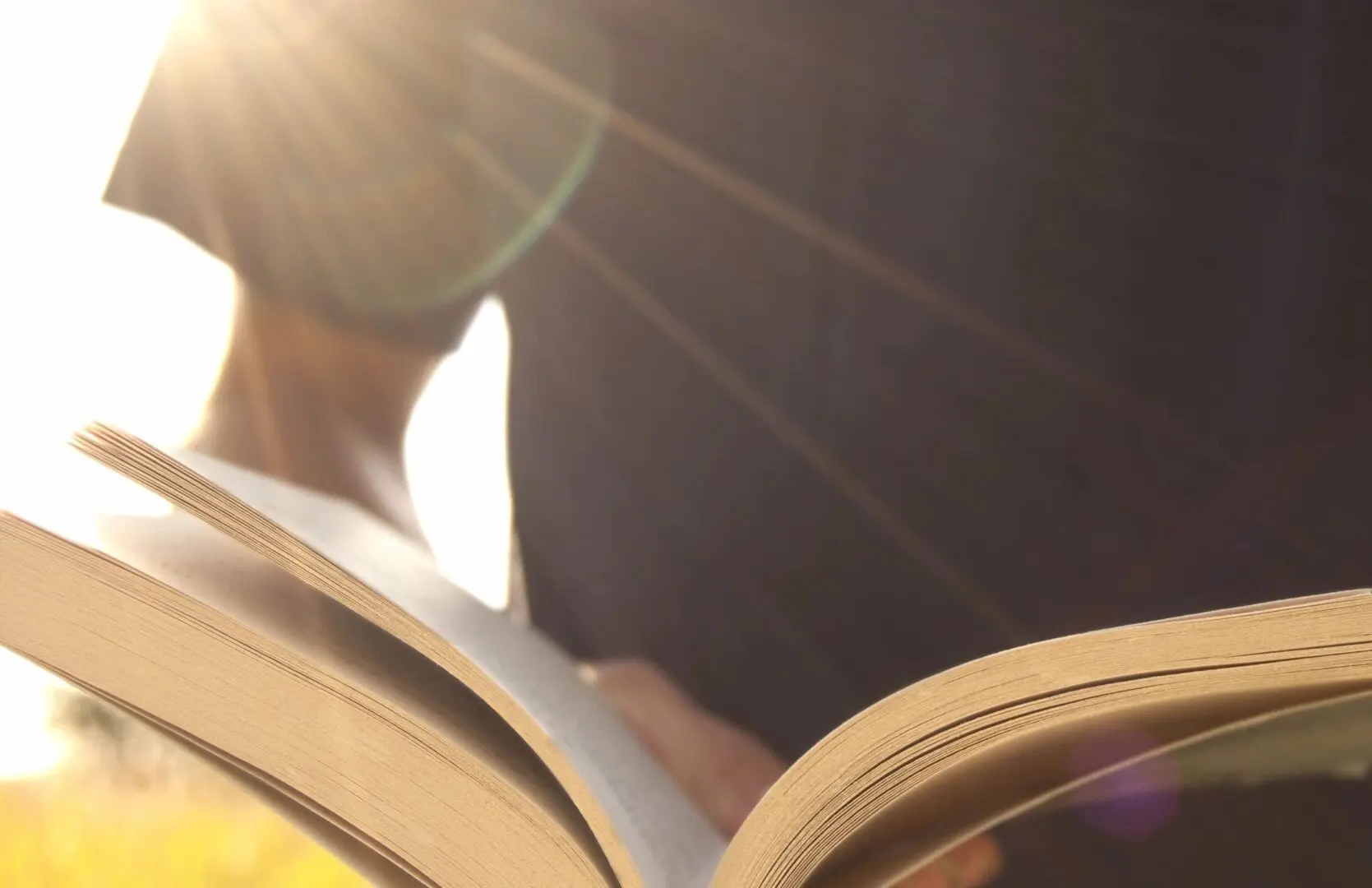 Person reading a book with sunlight streaming in.