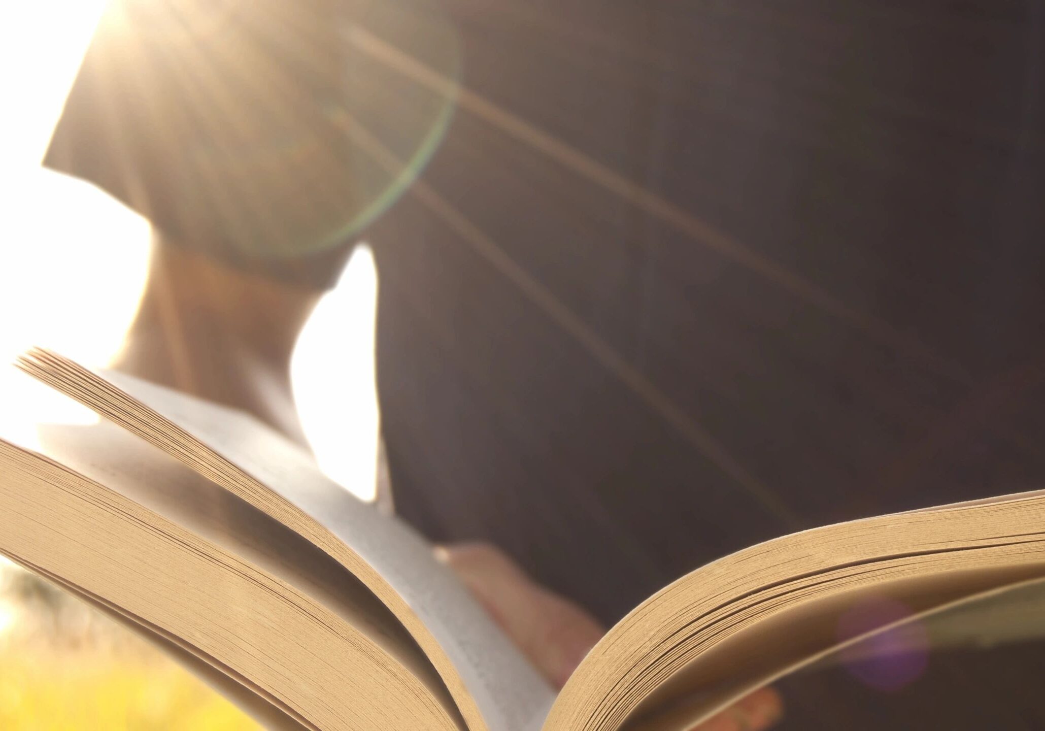 Person reading a book with sunlight streaming in.
