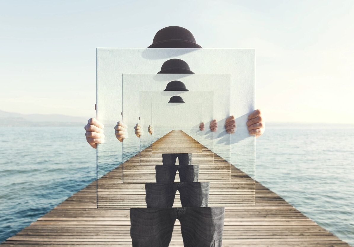 Surreal image of a man with a hat on a pier, repeated in transparent frames.